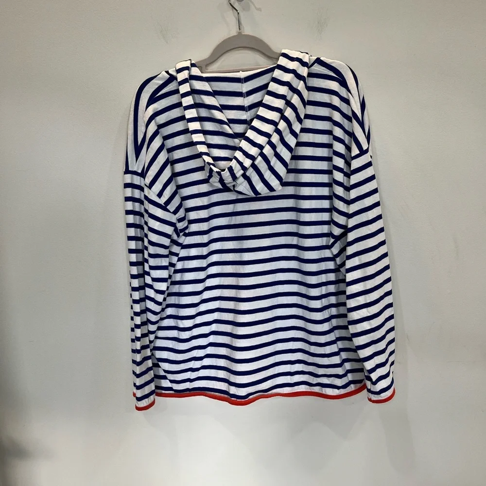 J.Crew Weekend V-Neck Long Sleeve Hoodie Women's Sz XL Nautical Blue Orange Trim - Picture 2 of 6